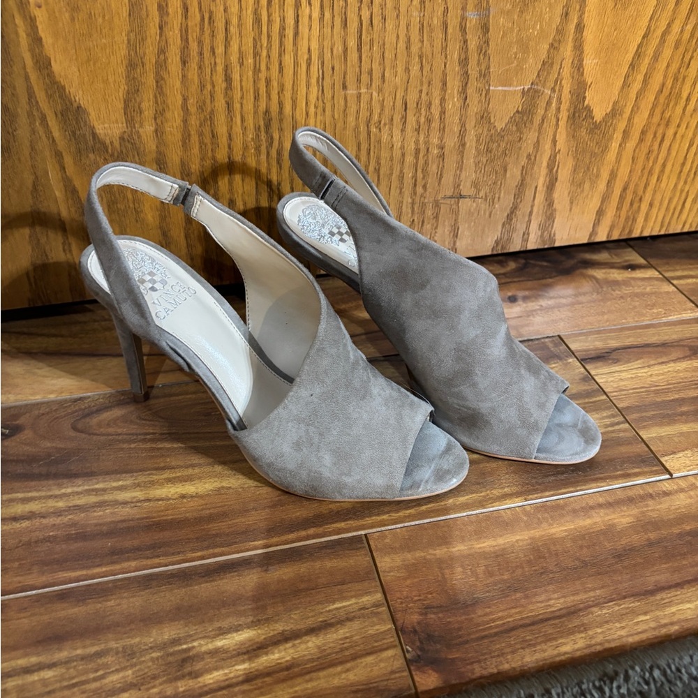 Vince Camuto Taupe Suede Peep-Toe Heels